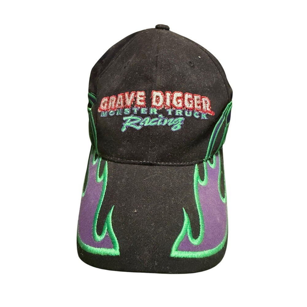 Vintage Grave Digger Monster Truck Racing Flame Hat Black Green Purple Strapback